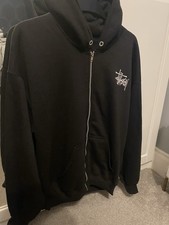 Unisex Black Standard Fit Reworked Stussy Embroidery Zip Up Hoodie - Size XL