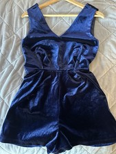 Topshop navy blue velvet playsuit all in one romper with black lace U.K. 8