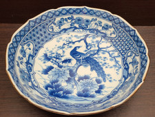 Japanese TOYO Peacock Plate Scallop Edge blue/white 24cm deep plate bowl