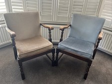 2 Oak Early 20th Mid Century Small Armchair Original Condition Turned Legs W:22”