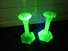 Walther & Sohne Mary Pair Frosted Uranium Green 18cm. Candlesticks
