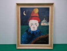 1979 Naive Folk Art Circus Clown Oil on Board Painting Signed by the Artist JC