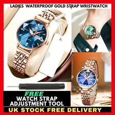 Ladies Rose Gold Blue Dial Watch Quartz Day Date Luxury Fashion Womens Timepiece