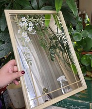 Vintage Wall Mirror Stained Glass Floral Cream Sage Wood Frame Cottagecore 33x48