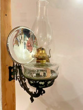 Antique Cast Iron Oil Lamp Mercury Glass Reflector & Wall B&H Bracket Farmhouse