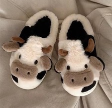 New Winter Unisex Cartoon Cow Warm Plush Slippers Couple's Indoor