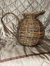 Vintage Handmade Brown Wooden Wicker Rattan Jug Vase Basket Handle 8.5”x10.5”