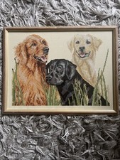 Labrador Golden Retriever Dogs Needle Point Cross Stitch Framed Picture