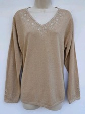 Bon Marche Ladies Beaded Jumper Gold/Beige Sparkly Long Sleeve V Neck Size Large