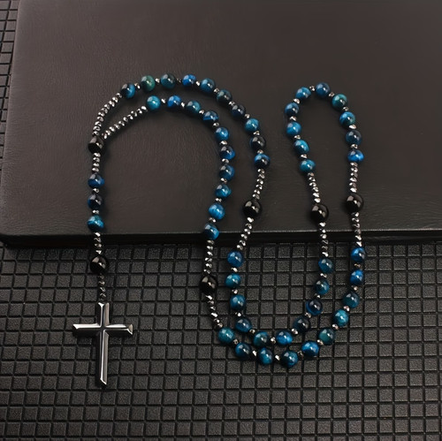 Blue tiger eye cross necklace - blue,