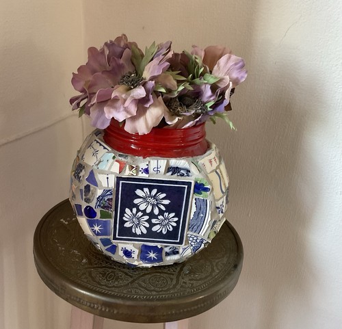 Mixed media mosaic vase silk - vase,