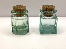 Good Condition Pair Of Vintage Aqua Glass Inkwells With Cork Stoppers