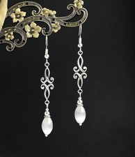 White Opal Bead Long Dangly Filigree Drop Earrings in Gift Bag - Art-Deco, Elven