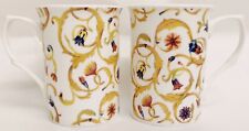 Floral Yellow Scroll Damask with Mica Gold Mugs Set of 2 Fine Bone China Cups