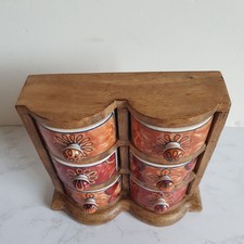 Wooden Apothecary Cabinet 6 Ceramic Drawer Spice Boho Hand Painted Floral Tea