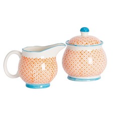 Porcelain Milk Jug & Sugar Pot Bowl Set - Patterned Orange / Blue Print