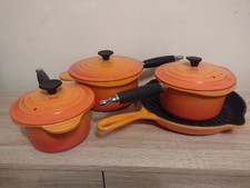 Le Creuset Set Of 3 Sausepans 20" 18" 16" And Fry Pan Volcanic Orange VGC
