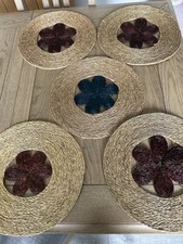 Raffia Straw Wicker Flower Placemats Tiki Boho X5 1960-70’s Unusual Centre