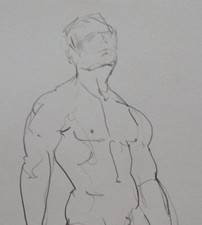 Expressive pencil drawing of a male nude front view muscular man standing pose