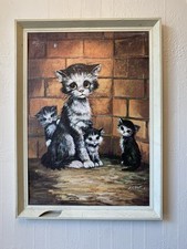 Vintage 1970’s Retro Kitsch Sad Big Eyed Cat & Kittens Print Picture 28 x 38cm