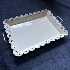 Vintage Metal Tea Tray Scalloped Edge Cream Painted Floral Design