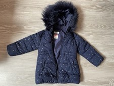 Girls H&M Navy Hooded Coat with Faux Fur Trim and gold stars, Age 4-5