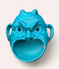 Vintage Majolica Turquoise Rockwood Style Studio Art Pottery Devil Demon Ashtray
