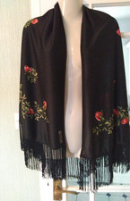 Norma Legge Large Shawl Stole Scarf Wrap with Tassles Black with Red Roses