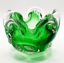 Murano MCM emerald green and clear art glass bowl. Freeform sculptural Italian.