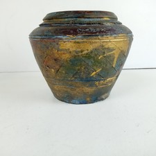 Rustic Gold Blue Green Textured Terracotta Art Pottery Vase Pot 5 in  Home Decor