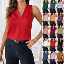 Women's V Neck Satin Silk Vest Tee Tops Cami Blouse Ladies Loose Work Shirts Tee