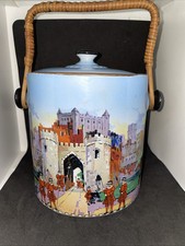 New Hall Pottery Tower Of London Biscuit Barrel Wicker Handle Vintage