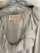 Vintage Zandra Rhodes 100% silk ladies shirt, grey, frilled collar, deep cuffs