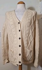 Hand Knit Arran Style Cable Knit Cream Cardigan - approx sz 14 see measurements