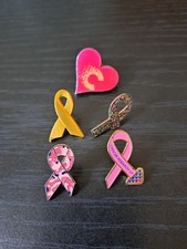 Set Of 5! Cancer Research ribbon & heart Pin Badges. Charity Donation!
