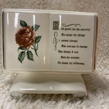 Vtg Ceramic “Serenity Prayer" Book Roses Planter & Gold Trim 4"T x 5.5”W x 5.5"L