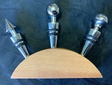 3 Unique Wine/Champagne Silver Metal Stoppers with Wooden Base Functional + Art