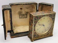 Vtg 1920s Harrods Art Deco Bronze & Enamel Mantel 7cm Desktop Alarm Clock & Case
