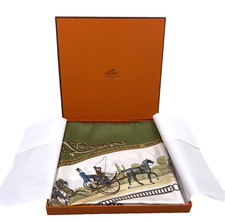 Hermes Silk Scarf La Promenade de Longchamps Green New in Box 100% Silk France