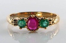 COMBO  9K 9CT GOLD RUBY & EMERALD ART DECO INS TRILOGY RING FREE RESIZE 