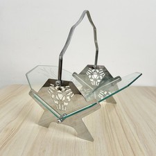 Art Deco Cake stand Etched Glass Vintage Silver Chrome Metal MCM