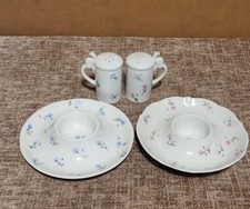 Egg Cups/Saucers matching salt & pepper, with space for toast soldiers & spoon