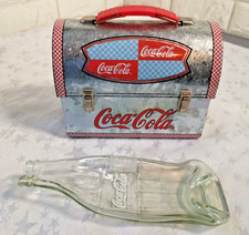 Vintage Coca Cola Tin Metal Lunch Box 2001 & Coca Cola Flat Bottle Collectible