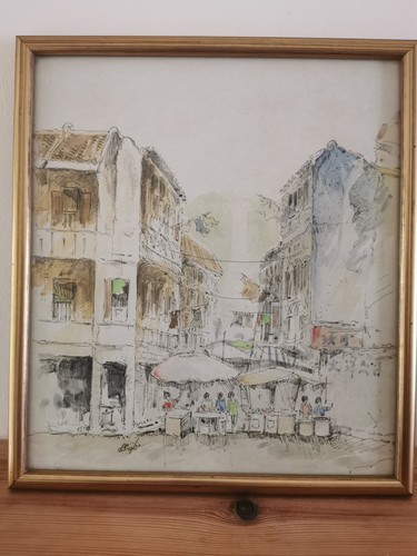 Framed ink and watercolour - framed,