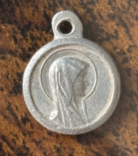 Tiny French vintage pendant Virgin Mary Lourdes St Bernadette cave medal