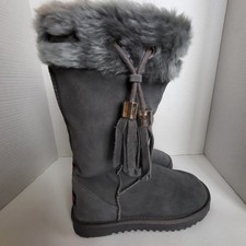 Ukala Womens Grey Suede Merino Wool Lined Boots Tassel Size 7 Mid-Calf