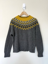 Brora Jumper Womens Size10 Grey Yellow Fair Isle Yoke Wool Scani Icelandic