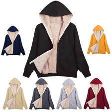 Ladies Plain Hoodie Winter Warm Fleece Lined Zip Up Jacket Coat for Women