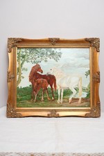 Vintage Horse Oil Painting in Ornate Gold Frame | Equestrian Country Wall Art