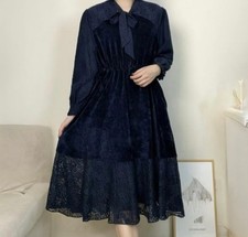 Korean Ribbon Embroidered Lace Velvet Dress Navy New